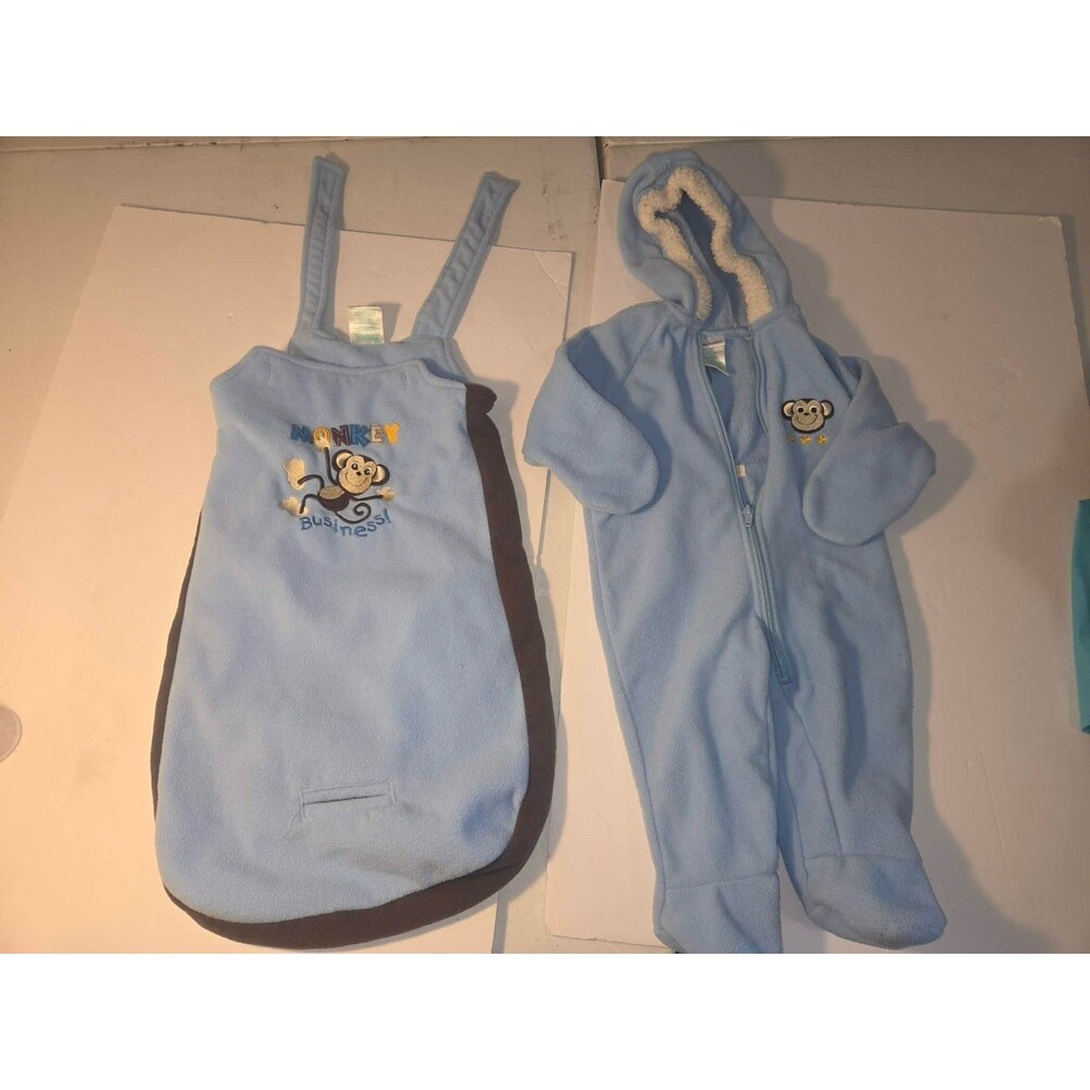 OKIE DOKIE 2 piece pram set fleece blue/monkey Business motif size 6-9 Months